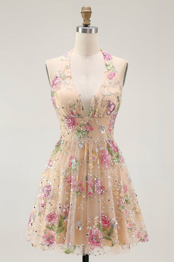 Sparkly Halter Floral Champagne A Line Halter Sequins Homecoming Dress